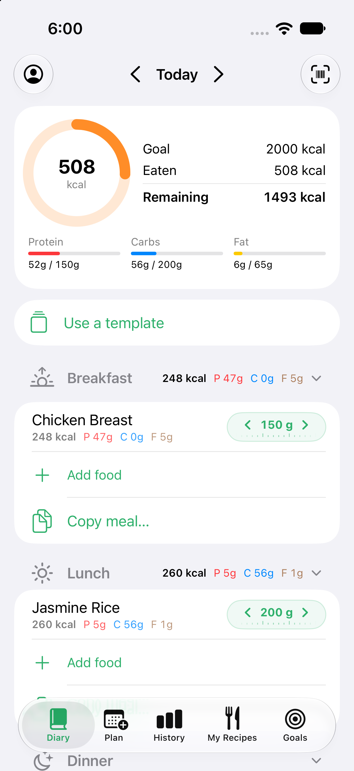 Grambit app screenshot showing daily calorie ring, protein and macro progress, and breakfast food plan with portion slider