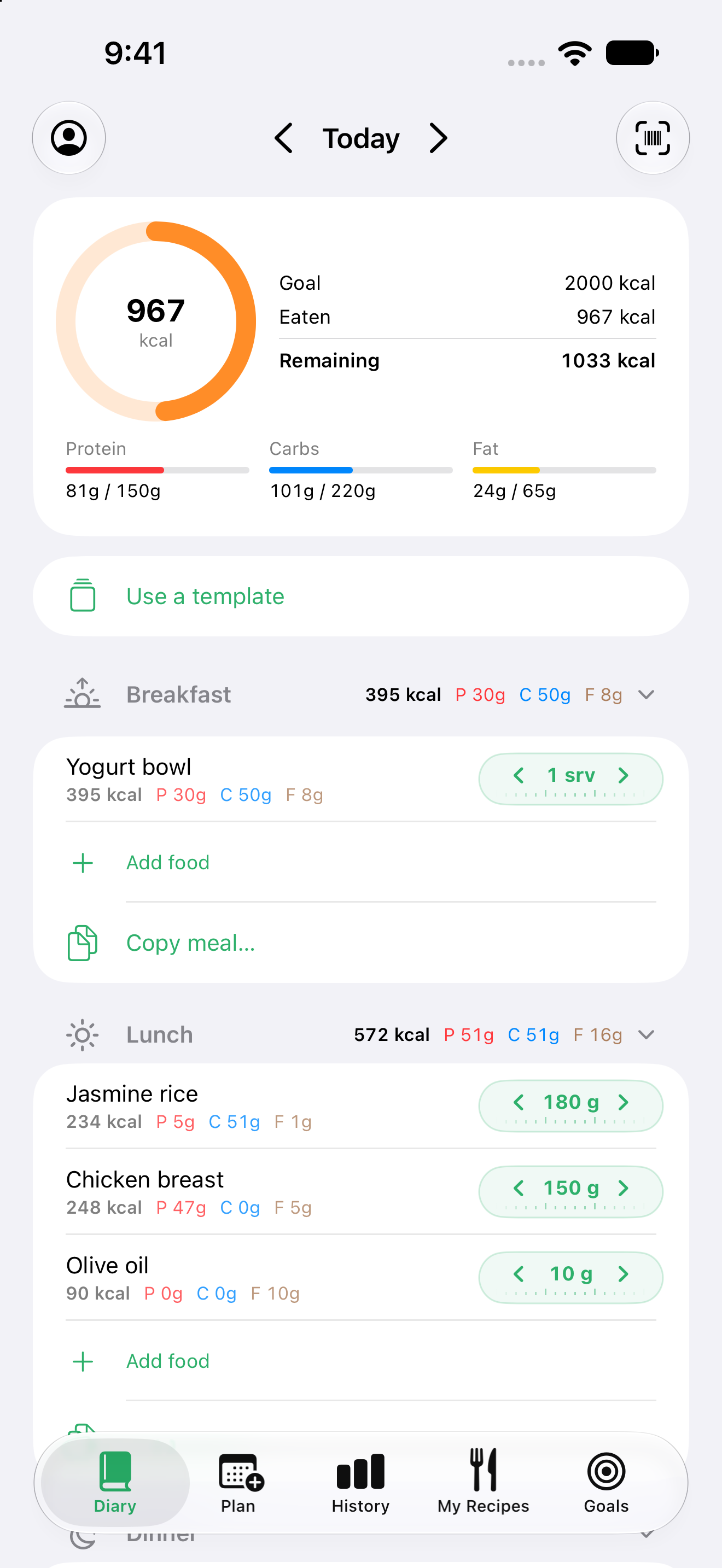 Grambit History and Diary view showing daily meals, calorie totals, and logged portions